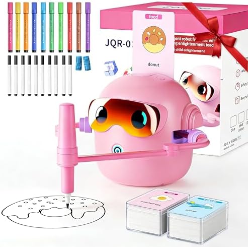 Smart Drawing Robot for Kids, Voice Interactive Magic Drawing Robot with 100 Cards, 10 Colorful/10 Black Pens/2 Card Storage Box/2 Clips, Montessori Painting Toys for 3-9 Years Old Boys Girls (Pink) by Unknown