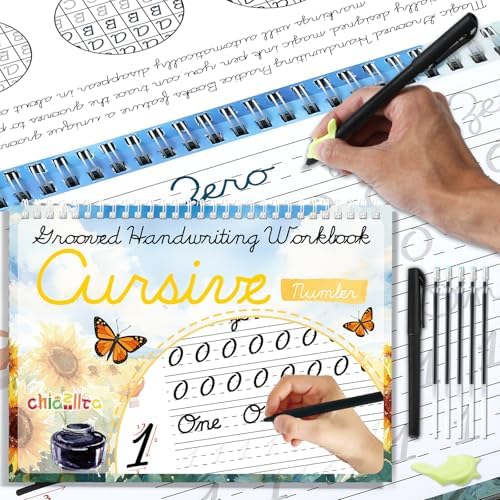 chiazllta Grooved Cursive Handwriting Workbook with Disappearing Ink Pens Magic Reusable Grooved Cursive Writing Practice for Beginners Kids Kickoff Student Workbook Homeschooling Supplies (Number) by chiazllta