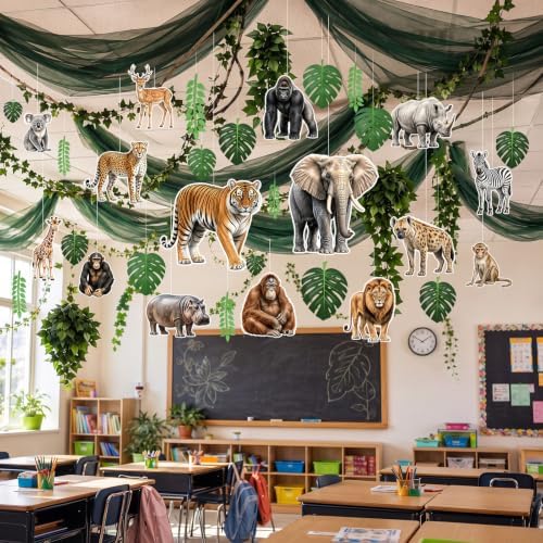 63 Pcs Back to School Jungle Safari Hanging Ceiling Decoration 24" x 13ft Green Banner Artificial Plant Vines Plant Leaf Garland Animal Cardboard Ornament with Rope for Class Party Decor by Relaxgiant