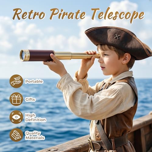 Retro Pirate Telescope Zoomable 25x30 Pocket Monocular Portable Collapsible BAK-4 Lens Captain Jack's Spyglass Handheld Telescope Vintage Telescope for Kids - Image 2