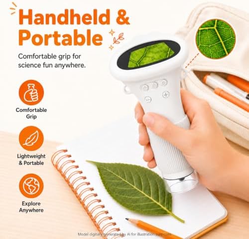 1000X Microscope for Kids, 2'' Screen Kids Wonder Quest Microscope Camera, Digital Handheld Microscope, Educational Kids Magnifying Glass, Christmas Birthday Gifts for Age 3 4 5 6 7 8 9 10- White - Image 3
