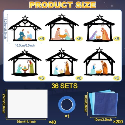 Qyeahkj 36 Set Christmas Nativity Suncatchers Crafts for DIY Nativity Scene Window Tissue Paper Craft Kit Hanging Decor for Xmas Holiday Home Activity Art Project Birthday Party Favor Gift - Image 2