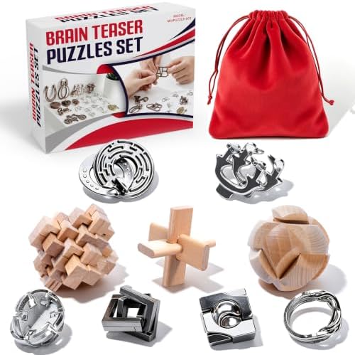 9pcs Metal & Wooden Brain Teaser Puzzles Set, 3D Brain Teasers Steel Puzzles for Adults Teens Kids, Educational IQ Unlock Interlock Puzzle Gift Set by Unknown