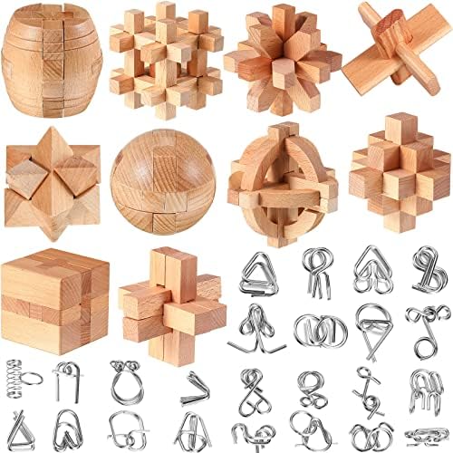 34 Pcs Metal Brain Teaser Puzzles for Kids Adult 3D Wooden Mind Games Puzzle Cube Wooden Brain Games Block Metal Wire Unlock Interlock Game Educational Logic Mind Desktop Toys by Tuanse