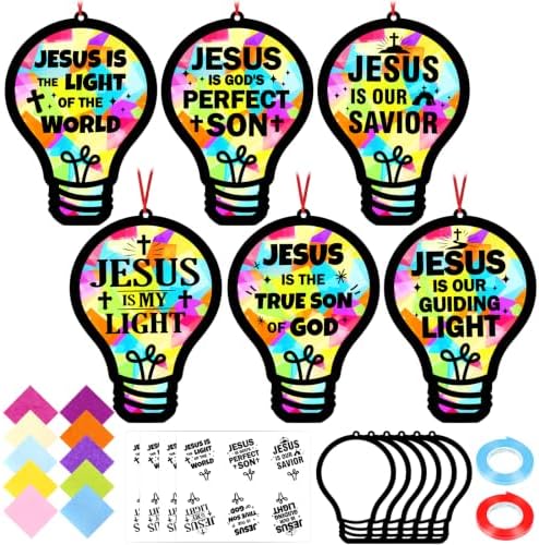 48PCS Sunday School VBS Crafts Bulk: Paper Lightbulb Cross Nativity Suncatchers, Religious Christian Activity DIY Kits Church Decorations, Window Stained Glass Effect Art Supplies(Jesus Style) by Renbuzhu