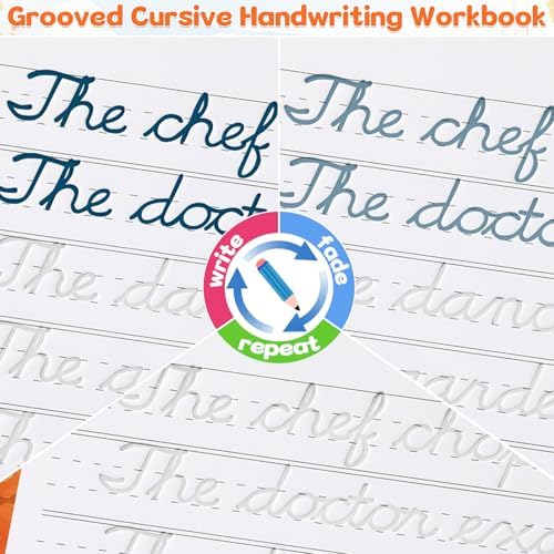 chiazllta Grooved Cursive Handwriting Workbook with Disappearing Ink Pens Magic Reusable Grooved Cursive Writing Practice for Beginners Kids Kickoff Student Workbook Homeschooling Supplies (Sentence) - Image 4