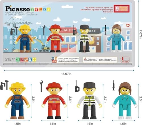 Picasso Toys Magnetic Character Action Figures 4 Piece for Building Block Tile Toddler Toy Set Magnet Expansion Pack Age 3 and up Fireman, Nurse, Police, Constructions Learning Pretend Playset PTA17 - Image 3