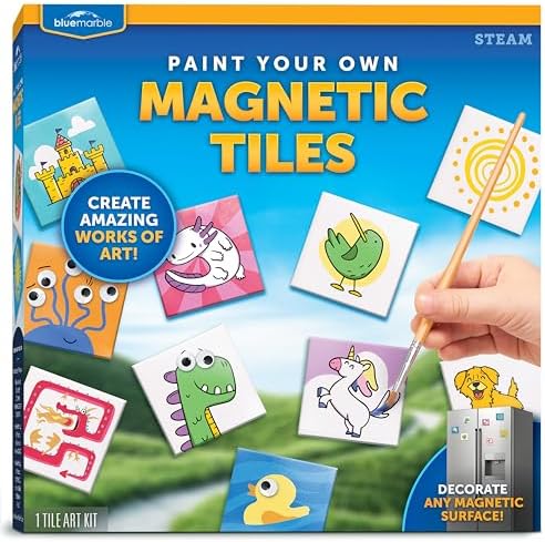 Blue Marble Magnetic Tile Art Craft Kit - Paint Your Own Magnetic Mini Tiles, Includes 10 Tiles, Magnets, 6 Paints, Brush, Googly Eyes & Transfer Stickers, Magnet Art Kit, DIY Magnets for Kids by BlueMarbleToys