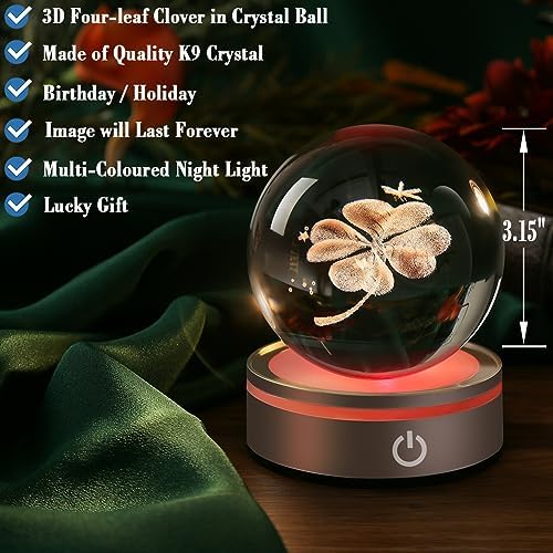 IFOLAINA Crystal Ball Lamp, 3D Four Leaf Clover K9 Decorative Night Light, Clear, 3.15 inches, Rechargeable USB, Ideal Gift for Her Birthday, Wedding, Anniversary - Image 2
