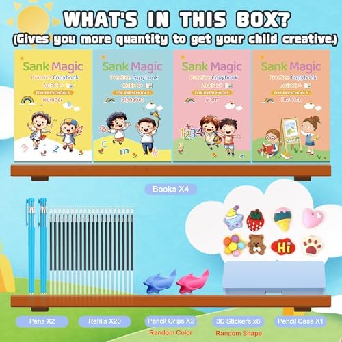Magic grooved writing practice books Great for beginners, 4 books, 2 pens, 20 refills, 1 Blue pencil case. grooved handwriting practice for kids 3-10, reusable grooved handwriting workbooks. - Image 5