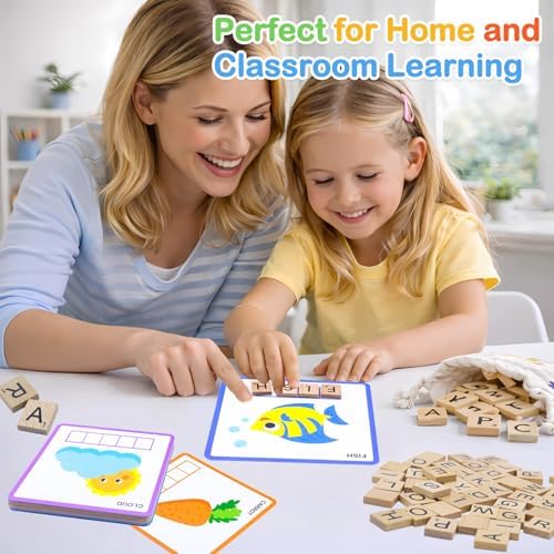 Spelling Game for Kids Ages 3-8, Word Building & Sight Word Games, Phonics Learning Toy with 100 Wooden Letter Tiles & 30 Double-Sided Flashcards, Preschool Kindergarten Early Reading Game - Image 2