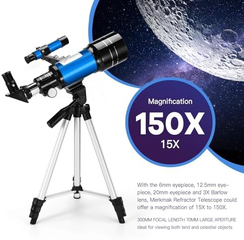 Telescope for Kids & Adults, 70mm Aperture 300mm Telescopes for Astronomy Beginners, 15X-150X Magnification Portable Refractor Telescope with Adjustable Tripod, Phone Adapter - Image 2