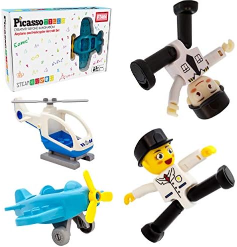 PicassoTiles Magnetic Figures 4 Piece Aircraft and Action Figure Magnet Airplane and Helicopter Expansion Pack Toddler Toy Set Educational Learning Kit Pretend Playset for Construction Building Block by PicassoTiles