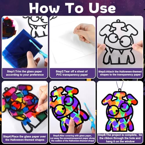 32 Sets Halloween Monster Suncatchers Craft Kit DIY Window Stained Glass Effect Halloween Monster Paper Crafts Home School Classroom Decoration Kid Birthday Gift Creative Art Project Activity Game - Image 3