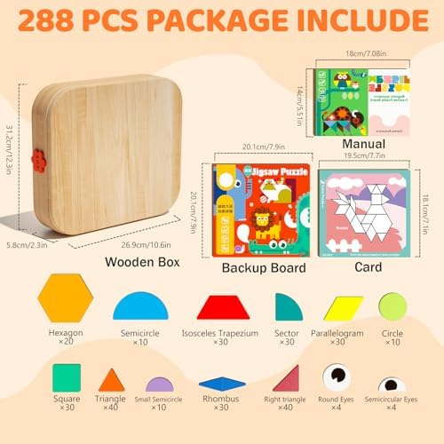 Wooden Magnetic Pattern Blocks Set with Cards, 288 PCS Montessori Tangram Puzzle Learning Toys for Toddlers 4-8, Educational STEM Gift for Kids Boys Girls 4 5 6 7 8 - Image 3