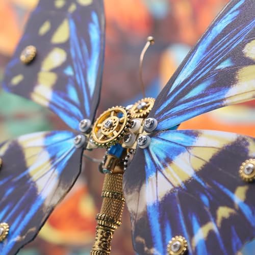 3D Metal Puzzle Mechanical Butterfly Insect Bug Model with Music Box, Steampunk Home Office Desk Decor, Collectible DIY Hand Craft Kit for Adults - 300+PCS Blue - Image 7