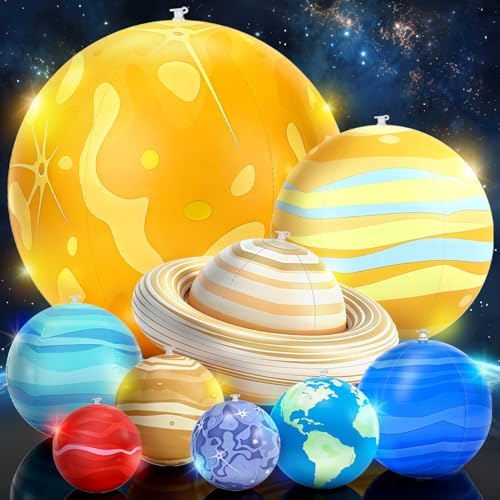 Inflatable Solar System Planets with LED Lights,Solar System for 9 Hanging Planets with Remote Control Space Themed Classroom Decor, Room Decoration, Birthday Party Supplies by OMKSIH