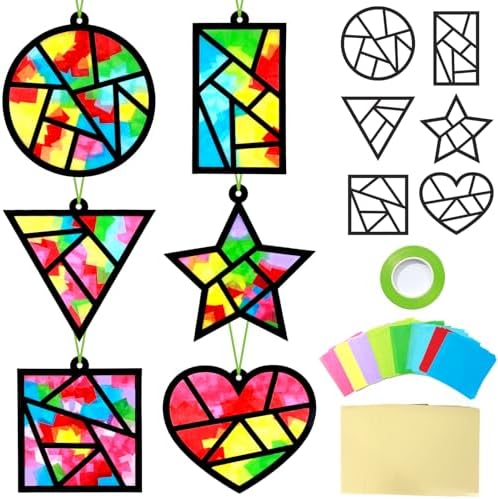 Qyeahkj 36 Set Geometric Shapes Suncatcher Crafts for DIY Star Window Tissue Paper Craft Kit Triangle Heart Hanging Decor for Summer Home Activity Art Project Birthday Party Favor Gift by Qyeahkj