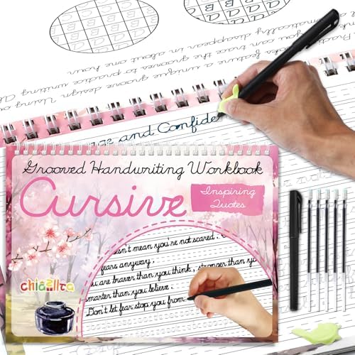 chiazllta Grooved Cursive Handwriting Workbook with Disappearing Ink Pens Magic Reusable Grooved Cursive Writing Practice for Beginners Kids Kickoff Workbook Homeschooling Supplies (Inspiring Quotes) by chiazllta