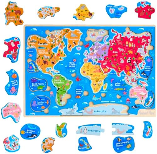 Montessori Mama World Map Wooden Puzzle, Continents and Oceans Puzzles for Kids Ages 4-6. Perfect Educational Toys for 4 Year Old Including Global Landmarks, Animals and Marine Life by MontessoriMama