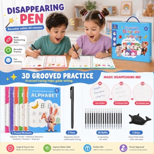 BA-RAKAHCO Magic Grooved Writing Practice for Kids Age 3-8, Grooved Handwriting Practice, Kids Writing Book, Reusable Tracing Set, 6 Books and 8 Stickers Coloring Books, Disappearing Ink Kids - Image 5