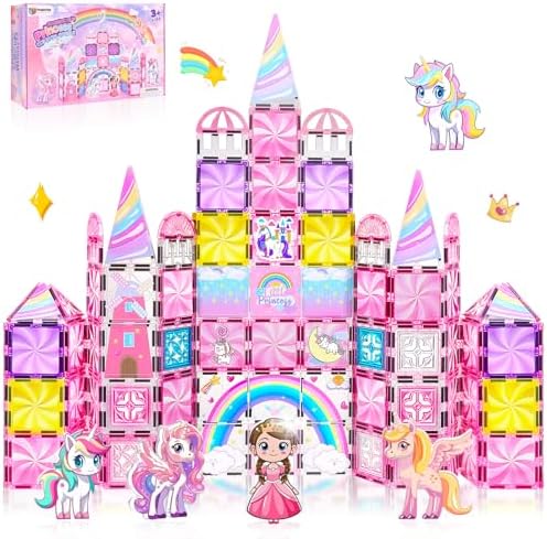 Magnetic Tiles Unicorns Princess Castle with 5 Dolls & Magnetic Decors Kit by Magbubp