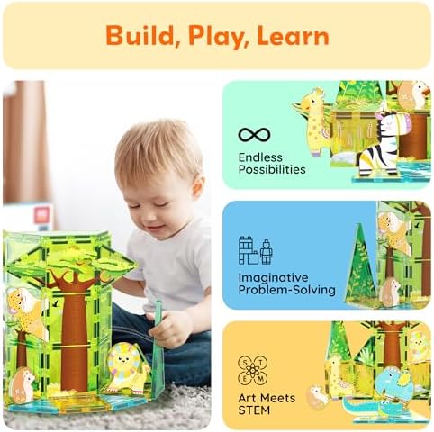 PicassoTiles Magnet Tile Building Block Safari Themed Set with 8 Compatible Magnetized Animal Action Figures Build Blocks Toddler Creativity Toys STEAM Educational Learning Skills Ages 3+ PTQ12 - Image 4