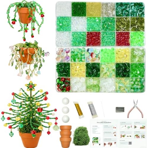 Beaded Christmas Tree Kit 6384pcs Beaded Plants Kit Magnets for Fridge, Green Beads Leaf Glass flowers for Succulent Plant Lover Jewelry Making Diy Craft Gifts Charms Sun Catchers Window Home Décor by TIMECOSY