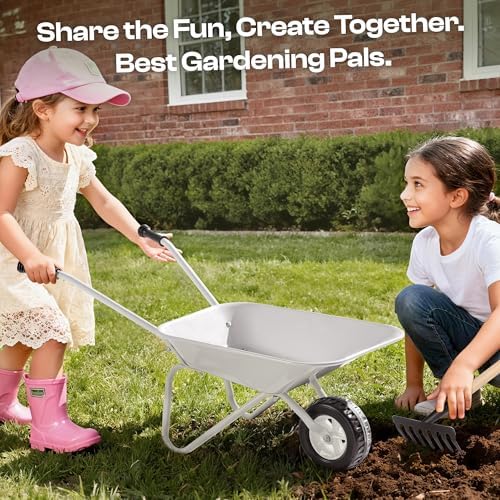 ROBUD Kids Gardening Tools Outdoor Toys Set Backyard Play with Kids Wheelbarrow-9pcs Metal Toddler Wheelbarrow, Garden Tools, Watering Can, Plant Labels for Ages 3+ (Grayish White) - Image 7