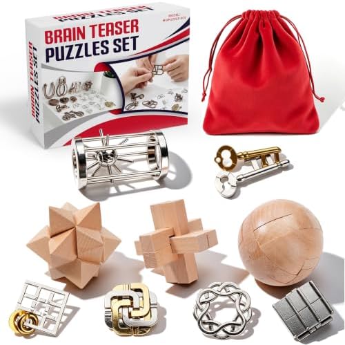 9pcs Metal & Wooden Brain Teaser Puzzles Set, 3D Brain Teasers Steel Puzzles for Adults Teens Kids, Educational IQ Unlock Interlock Puzzle Gift Set by Unknown