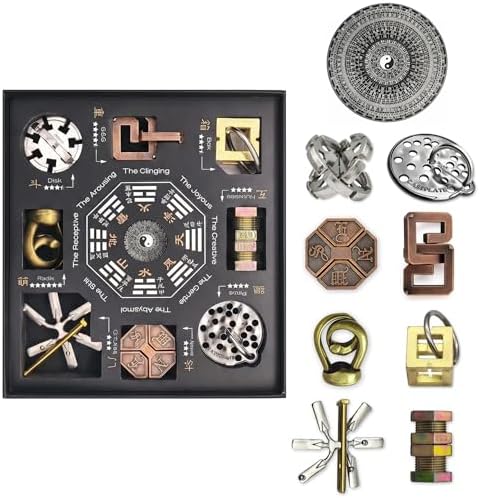 Bagua Metal Puzzles Set with Feng Shui Compass, 8+1 Alloy Brain Teasers, Traditional Chinese Intellectual Puzzle Toys for Adults, Stress Relief Fidget Desk Toy & Gift for Puzzle Lovers by NORDISTRICT