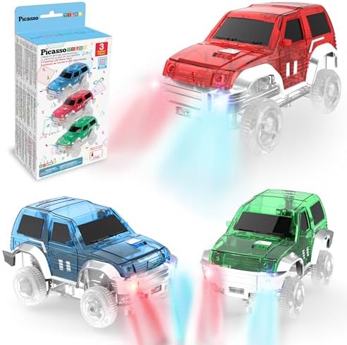 PicassoTiles 3 Pack LED Race Track Cars, Magnetic Tile STEM Toy Set Ages 3+ by PicassoTiles