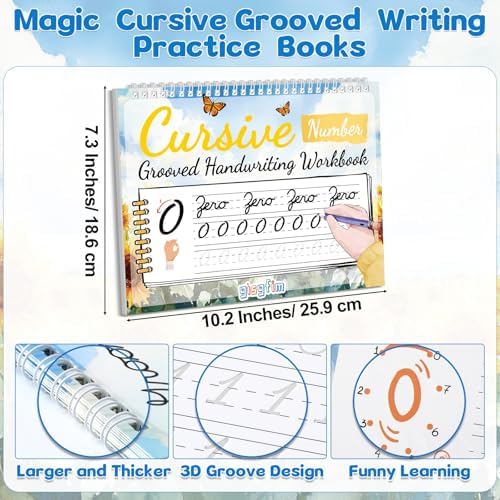 gisgfim Grooved Cursive Handwriting Workbook Magic Reusable Grooved Cursive Handwriting Practice Guided Tracing with Disappearing Ink Pens for Beginners Kids Learning Activities Supplies (Number) - Image 2