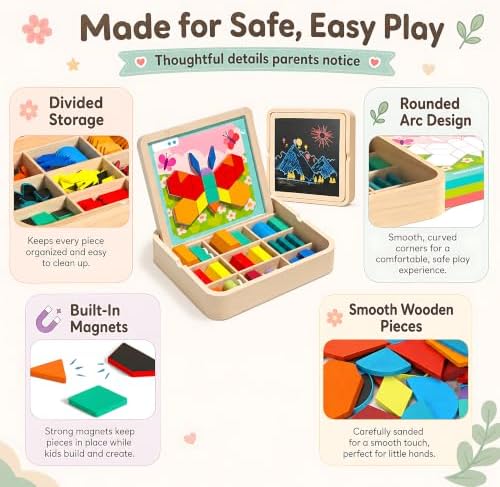 248 Pcs Wooden Magnetic Pattern Block Set with Cards, Pen & Storage Bag, Montessori STEM Tangram Puzzle Toys for Toddlers 4 5 6 7 8, Educational Brain Teaser Gift for Boys Girls - Image 4