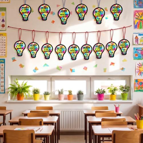 48PCS Sunday School VBS Crafts Bulk: Paper Lightbulb Cross Nativity Suncatchers, Religious Christian Activity DIY Kits Church Decorations, Window Stained Glass Effect Art Supplies(Jesus Style) - Image 2