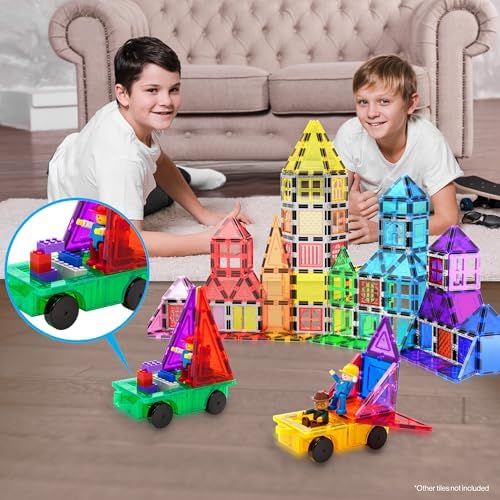 PicassoTiles 2pcs Magnetic Tiles Expansion Car Truck Building Blocks Compatible with regular bricks, Kids Magnet Bricks STEM Learning Toys, Add-ons Toddler Preschool 3 Years and up Boys and Girls PT21 - Image 2