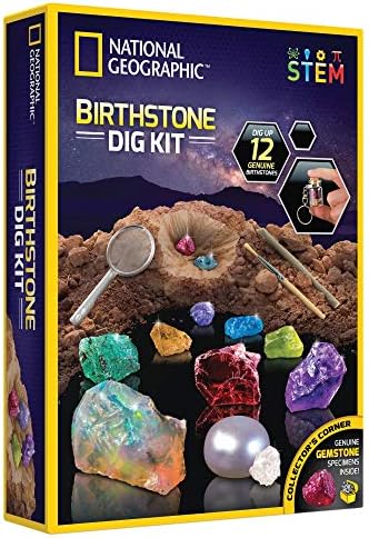 National Geographic Birthstone Dig Kit with 12 Genuine Gemstones for Kids by BlueMarbleToys