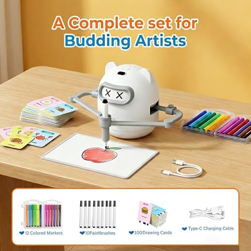 Drawing Robot for Kids with Camera Recognition, Rechargeable Smart Voice Interactive Painting Robot Educational Machine, Montessori Learning Toys with 100 Cards, 12 Colorful Pens Boys Girls - Image 6