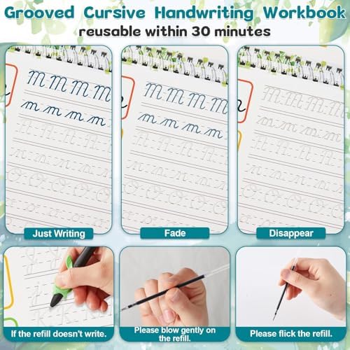 gisgfim Grooved Cursive Handwriting Workbook Magic Reusable Grooved Cursive Handwriting Practice Guided Tracing with Disappearing Ink Pens for Beginners Kids Learning Activities Supplies (Letters) - Image 4