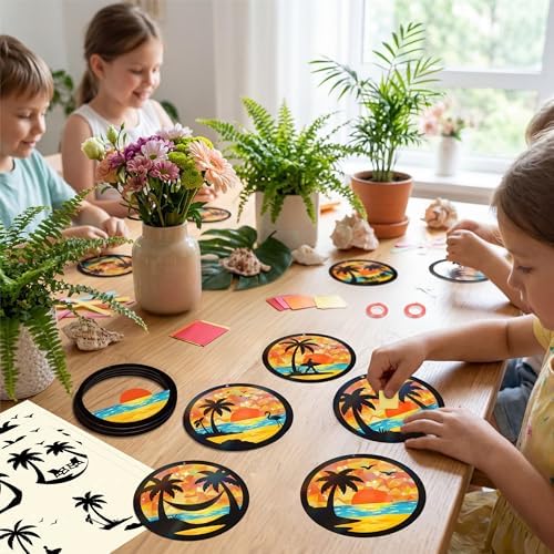 Renbuzhu 48PCS Summer Crafts: Paper Tropical Palm Tree Suncatchers DIY Kits, Window Stained Glass Effect Art Supplies for Hawaiian Luau Tiki Beach Party Favors - Image 5