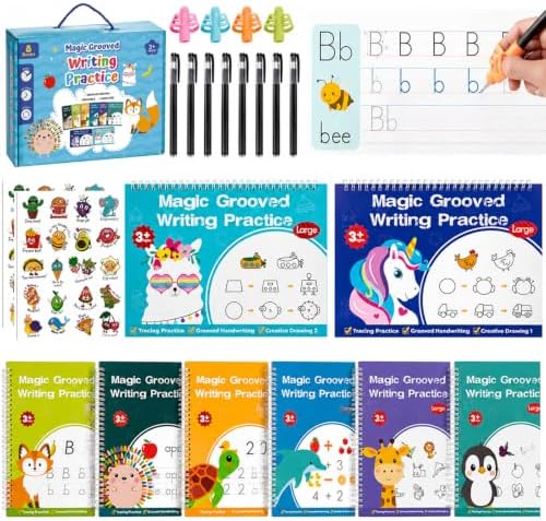 8-Books Magic Grooved Writing Practice, Tiny Thinkers Reusable Indented Handwriting Practice for Kids 3-5, Your Little Explorer Motor Magic Happy Writer System by QCQHDU