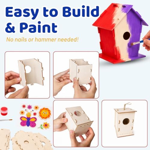 Neliblu DIY 12 Wooden Bird House Kits - Creative Arts and Crafts Set for Adults - Unfinished Wood Birdhouses with Paint Strips, Brushes, Stickers and Strings - 3 Unique Shapes, 2 Sizes - Image 5