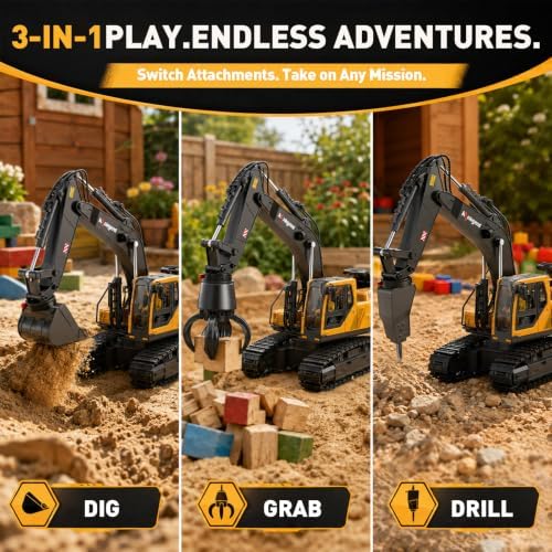 kolegend 3 in 1 Remote Control Excavator Toy 14 Channel RC Excavator Toy for Boys 3-12 with Bucket/Claw/Drill 2.4GHz Full Functional Construction Vehicles Toys Gift for 6 7 8 9 10 Years Old Kids Boys - Image 2