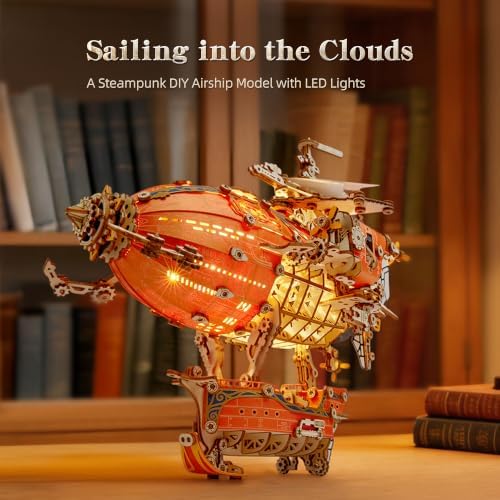 FUNPOLA LED 3D Wood Puzzle Fantasy Airship Model - Steampunk DIY Craft Kit with LED Lights – Intricate Wooden Airship Model Building Set for Adults(Orange) - Image 6