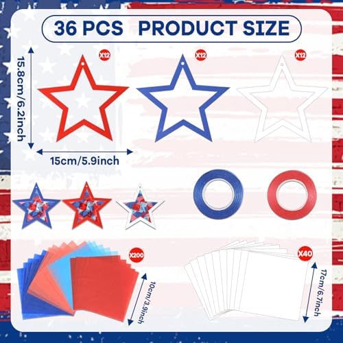Qyeahkj 36 Set 4th of July Suncatchers Crafts for DIY Patriotic Star Window Tissue Paper Craft Kit Star Hanging Decor for Patriotic Home Activity Art Project Birthday Party Favor Gift - Image 2