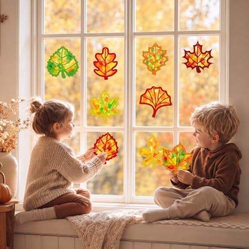 Renbuzhu 48PCS Fall Crafts Bulk: Leaves Pumpkins Paper Suncatchers DIY Kit for Autumn Thanksgiving Activities Decorations, Window Stained Glass Effect Art Supplies(Colorful Style) - Image 6