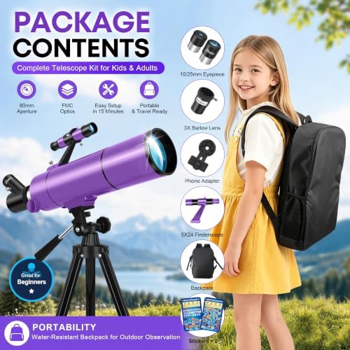 Dianfan Telescope for Kids & Adults, 80mm 500mm Portable Refractor, Purple - Image 2