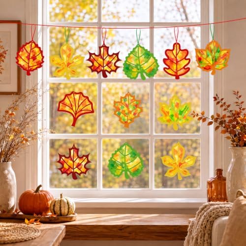 Renbuzhu 48PCS Fall Crafts Bulk: Leaves Pumpkins Paper Suncatchers DIY Kit for Autumn Thanksgiving Activities Decorations, Window Stained Glass Effect Art Supplies(Colorful Style) - Image 4