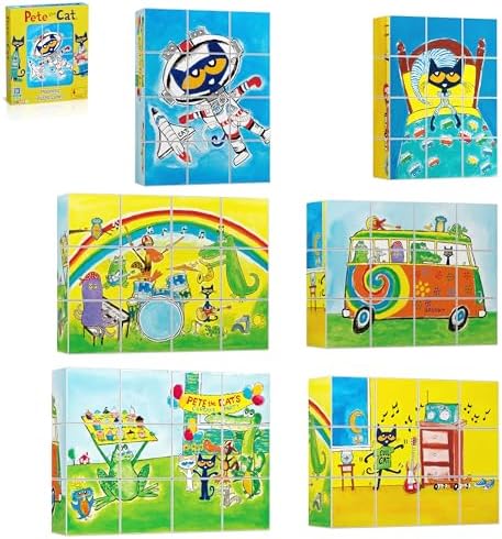 PicassoTiles Magnetic Tiles Pete the Cat Magnet Puzzle Cube Set 6 Cartoon Theme Mix and Match Brain Teaser STEM Educational Toy for Kids Toddlers Preschool Age 3 Plus Sensory Learning Play Kit PTC03 by PicassoTiles
