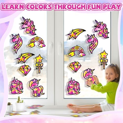 QOUBAI 32 Sets Unicorn Rainbow Suncatchers Craft Kit DIY Window Stained Glass Effect Diamond Star bow Paper Crafts Home School Classroom Decoration Kid Birthday Gift Creative Art Project Activity Game - Image 5